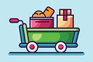 A cartoon image of a green handcart with two wheels, a red handle, and carrying a box, a container with bread, and a wrapped package. vector
