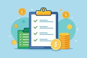 A checklist with green checkmarks on a clipboard, accompanied by coins with dollar signs, symbolizing financial success and achievement. vector