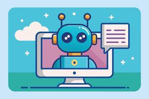 An illustration of a blue robot with antennas and large eyes, inside a computer screen, with a speech bubble containing text. vector