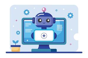 A cartoon robot with a plus sign on its screen, standing on a computer monitor with a plant in a pot on the left. vector