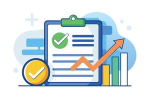 An illustration of a checklist with a green checkmark, an upward arrow, and a bar chart. It suggests completion and progress. vector