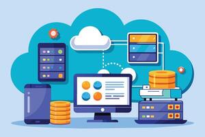 Illustration depicting several digital devices, including a desktop computer, a smartphone, and servers, connected to a cloud computing system. vector