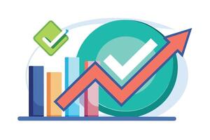A colorful illustration featuring a red arrow pointing upwards, a green check mark, and a bar chart, symbolizing growth and success. vector