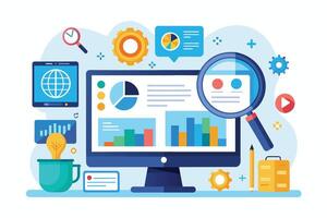An illustration of a computer screen with data charts and graphs, a magnifying glass, and other objects associated with data analysis. vector