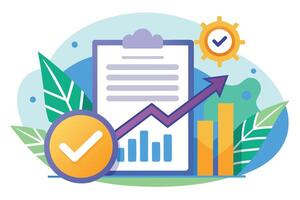 An illustration depicting a successful business growth strategy checklist. It includes a clipboard with a checklist, a checkmark, a bar graph, an upward arrow, and leaves. vector
