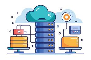 An illustration depicting a cloud-based server infrastructure with multiple data centers and connected devices. vector