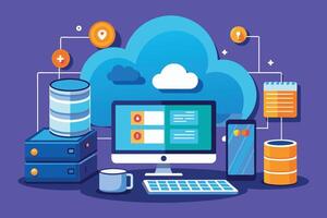 This digital illustration depicts a modern cloud computing system with a desktop computer, a mobile phone, servers, and a network connection. vector