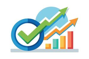 An image featuring a green checkmark in a blue circle, alongside two upward-trending arrows in orange and green. The image also includes a bar graph with bars of different colors. vector