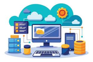 A colorful illustration depicts a desktop computer, connected to a server and cloud storage, symbolizing the concept of cloud computing. vector