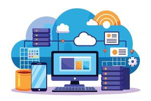 A colorful illustration depicting cloud computing technology, featuring a desktop computer, a smartphone, server racks, and cloud icons connected by lines. vector
