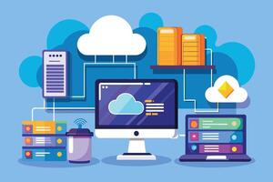 An illustration of a computer and laptop connected to various cloud servers, representing data storage and transfer. vector