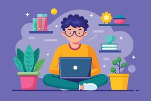 A man sits cross-legged on the floor working on his laptop, surrounded by houseplants and books. He appears to be working or studying from home. vector