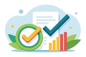 An illustration of a checkmark inside a circle, a checkmark over a document with a bar graph, and green leaves. vector