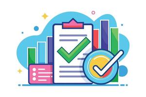 A colorful illustration depicting a checklist with checkmarks, a bar graph, and a circular checkmark on a blue background. vector