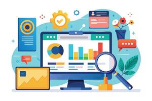 A modern desktop computer displays business data and charts, with a magnifying glass highlighting important information. This illustration symbolizes the importance of data analysis and research. vector