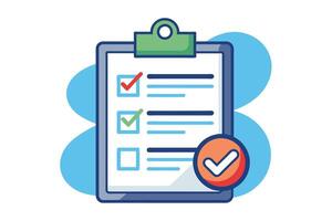 Illustration of a checklist on a clipboard with three completed items and one remaining item. The clipboard is on a blue background with checkmarks in red and green. vector