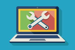 A flat design illustration of a laptop computer with a screen displaying two crossed wrenches, symbolizing repair or maintenance. vector