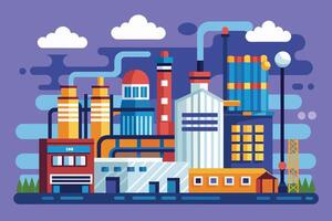 A flat design illustration of a colorful industrial factory with smoke stacks, tall buildings, and clouds. vector
