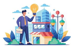 A cartoon businessman stands in a city setting holding a lightbulb, representing a new idea. vector