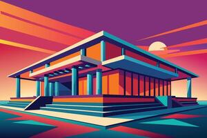 A digital illustration of a modern building with a flat roof and many windows. The building is located in front of a setting sun and moon. vector