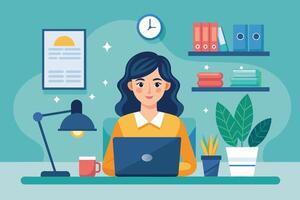 A woman sits at a desk working on a laptop. There is a desk lamp, a cup of coffee, and a potted plant on the desk. There are shelves above the desk with books and binders. vector
