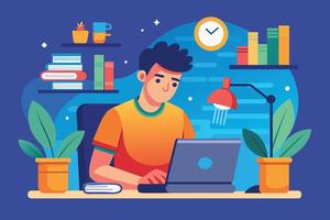 A man sits at a desk in his home office, working on a laptop. There are books, plants, and a lamp on the desk. vector