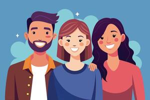 A cartoon illustration of three friends, a man with a beard, and two women, smiling happily. They are standing together in front of a blue background. vector