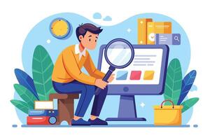 A man sits on a stool in front of a desktop computer, using a magnifying glass to closely examine the website design on the screen. He is in a casual setting, with plants and books around him. vector