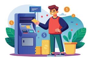 A man is using an ATM machine to withdraw cash. He is holding his card and smiling. There is a stack of cash next to the ATM machine. vector