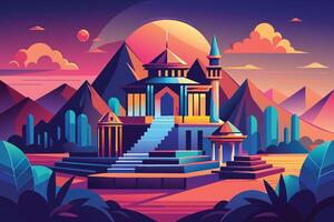 An illustration of a vibrant palace with a large set of stairs, surrounded by a mountainous landscape with colorful foliage. The sunset creates a warm and dramatic effect. vector