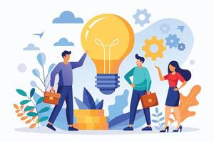 A colorful illustration depicting three businesspeople standing in front of a large light bulb, with gear symbols in the background, suggesting the group is discussing a new business idea. vector
