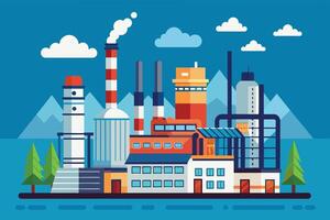 This graphic illustration depicts a modern industrial complex with multiple buildings and smoke stacks. The complex is located against a mountain range and blue sky with white clouds. vector
