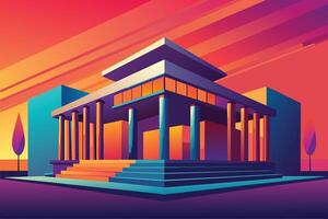 A digital illustration of a modern building with columns and steps, set against a vibrant sunset sky. vector