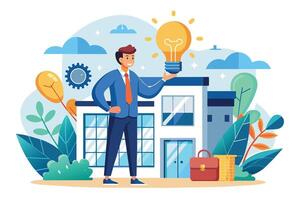 A cartoon businessman stands outside an office building, holding a light bulb above his head, symbolizing a new idea. He is smiling, suggesting excitement about this new idea. vector