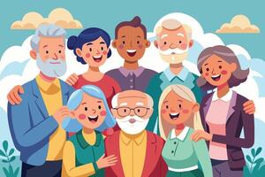 A group of senior citizens with diverse backgrounds and appearances smile for the camera. vector