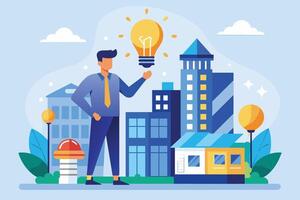 A businessman stands in front of a cityscape with a lightbulb above his head, representing a new idea. vector