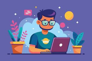 An illustration of a man working on a laptop with plants and stars in the background. vector