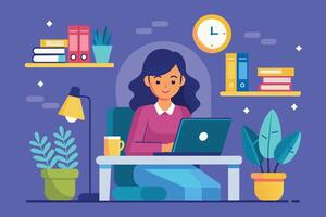 A woman sits at a desk with a laptop and a cup of coffee, working from home. She is surrounded by plants and books, creating a cozy and comfortable atmosphere. vector