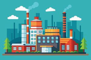 A cartoon illustration depicting an industrial complex with tall buildings, smoke stacks, and trees in a modern, flat style. vector