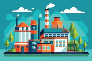 A flat design illustration of a modern factory with tall smokestacks, white clouds, and green trees. vector