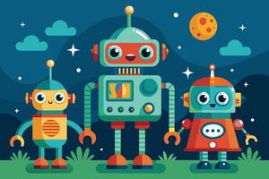 Three cute cartoon robots stand side-by-side on a grassy field under a starry night sky. A large, bright moon shines above them. vector