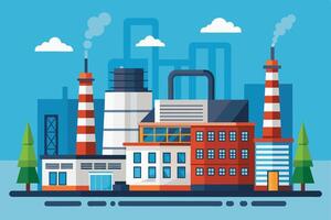 A cartoon illustration of an industrial factory building with two tall smokestacks emitting smoke, set against a blue sky with white clouds. vector