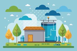 Illustration of a rainwater harvesting system with a large water tank and a house. The system is connected to the roof of the house and collects rainwater. The illustration features clouds and trees. vector