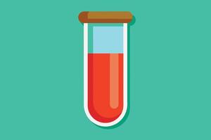 A single, clear test tube with a brown stopper sits against a bright green background. The tube is partially filled with a red liquid, resembling blood or a chemical solution. vector