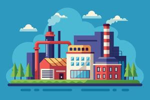 A cartoon illustration of a large industrial complex with smoke stacks, buildings, and trees in a daytime setting. vector