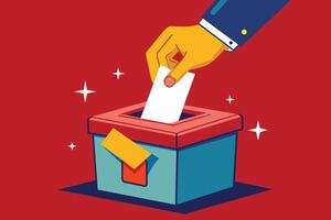 Illustration of a hand putting a ballot into an election box, with a red background and sparkling stars. vector