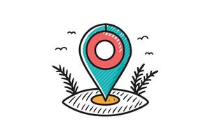 A simple hand-drawn illustration of a teal location pin with a red circle on top, surrounded by two sprigs of grass and three small birds. vector