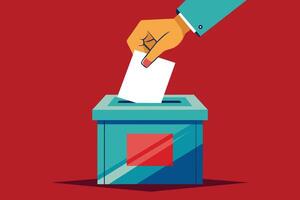 A hand inserts a white ballot into a blue voting box against a red background. vector