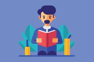 A flat design illustration of a man reading a book with two yellow containers and green plants on a blue background. vector