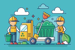 Two cartoon workers in yellow vests are cleaning up green waste with a truck and a bucket. They are working together to keep the environment clean. vector